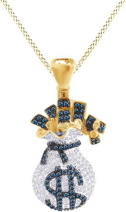 Round Cut Blue and White Natural Diamond Money Bag Dollar Pendant, 10k Solid Gold (10 Carats), White-Diamond Blue Diamond