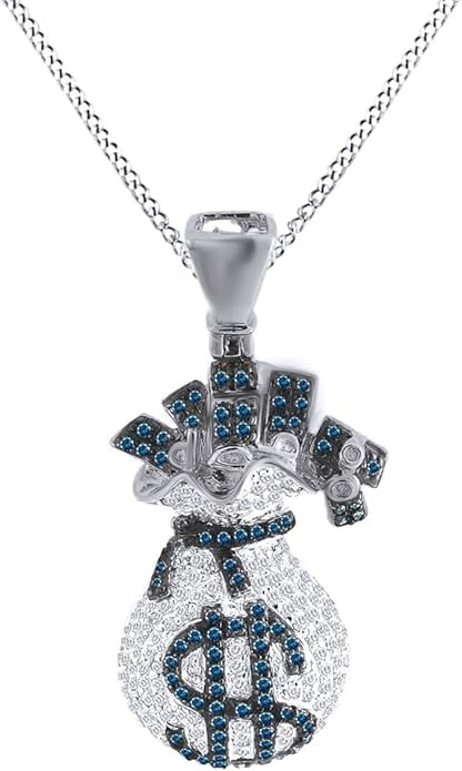 Round Cut Blue and White Natural Diamond Money Bag Dollar Pendant, 10k Solid Gold (10 Carats), White-Diamond Blue Diamond Image 2