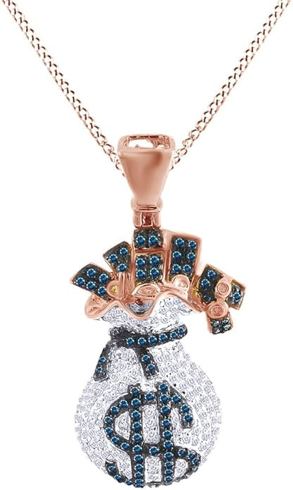 Round Cut Blue and White Natural Diamond Money Bag Dollar Pendant, 10k Solid Gold (10 Carats), White-Diamond Blue Diamond Image 3