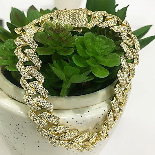 Round Lab Created Moissanite and Diamond 12MM Wide Men's Cuban Link Bracelet, 14k Gold Sterling Silver (VVS1 Clarity, 20 karats to 25 karats), Gift for Him Image 2