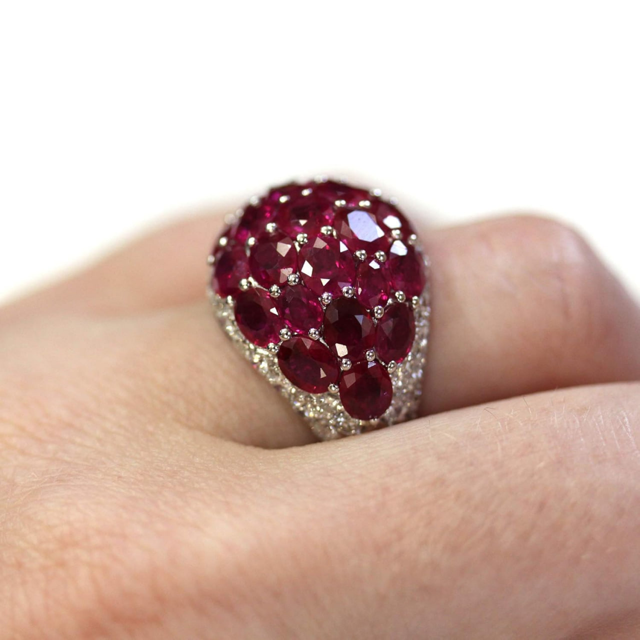 Solid 14k White Gold 11.5 ctw Natural Red Ruby and Diamond Dome Cocktail Ring for Women 16.5 mm - Handmade in USA - July Birthstone