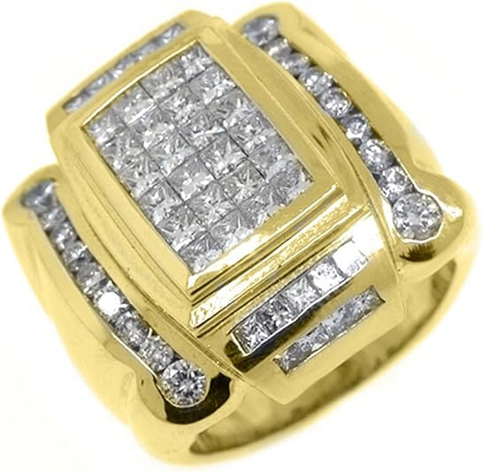Men's Invisible Princess Cut Diamond Ring in 18k Yellow Gold 3.41 Carats