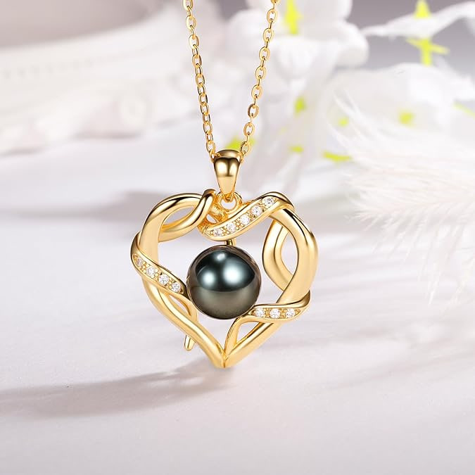 Women's Christmas Gifts - Tahitian Black Pearls - Heart Shape Necklace - Wife, Mom, Girlfriend, Her - Anniversary, Birthday, Mother's Day, Valentine's Day Jewelry Gift Real Pearl Pendant Image 3