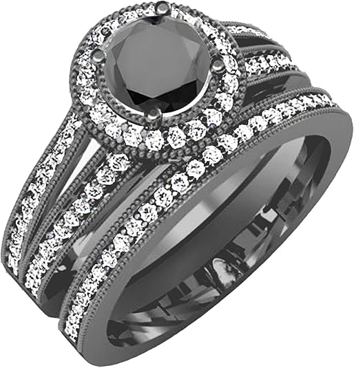 Dazzlingrock 1.25 Carat Black Rhodium-Plated 14k Round White and Black Diamond Halo Bridal Ring Set in Solid White Gold