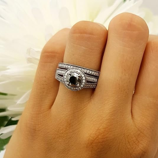 Dazzlingrock 1.25 Carat Black Rhodium-Plated 14k Round White and Black Diamond Halo Bridal Ring Set in Solid White Gold Image 2