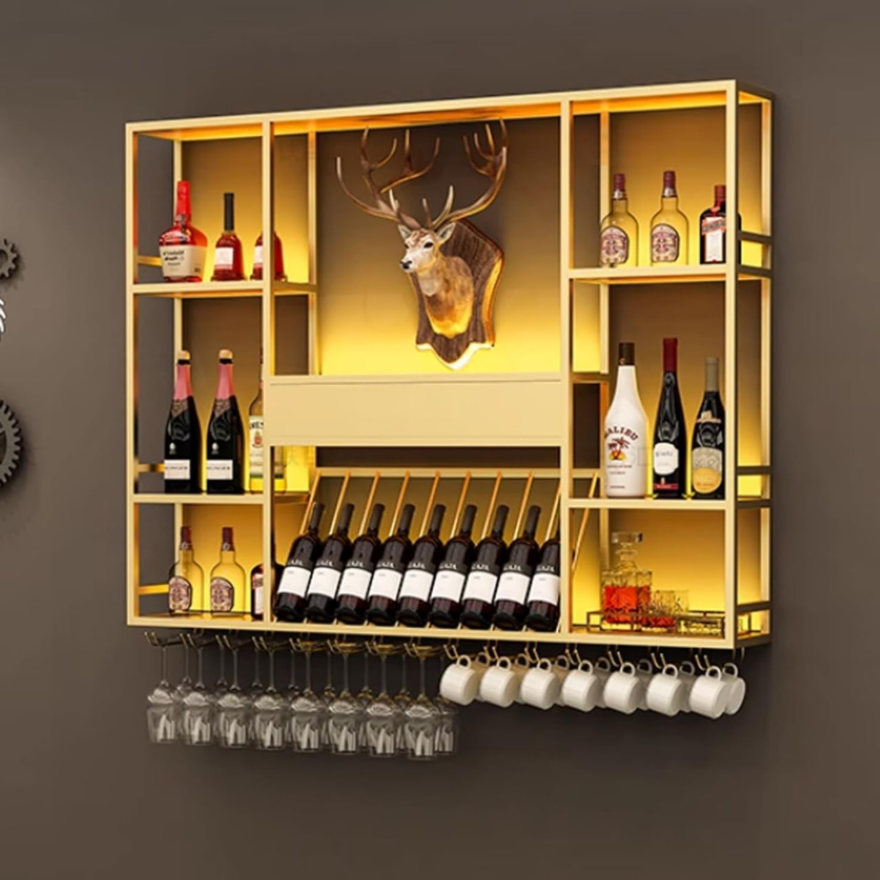 Modern 3-Tier Wall Mounted Metal Wine Rack with LED Lights, Large Capacity Iron Wine Shelf & Glass Holder, Stylish Multifunctional Bar Display for Home & Kitchen