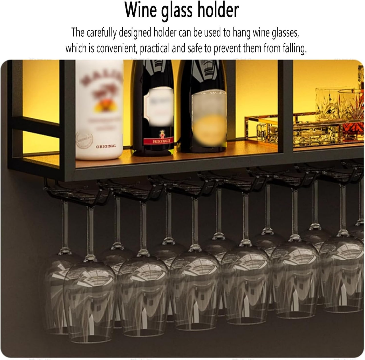 Modern 3-Tier Wall Mounted Metal Wine Rack with LED Lights, Large Capacity Iron Wine Shelf & Glass Holder, Stylish Multifunctional Bar Display for Home & Kitchen Image 2