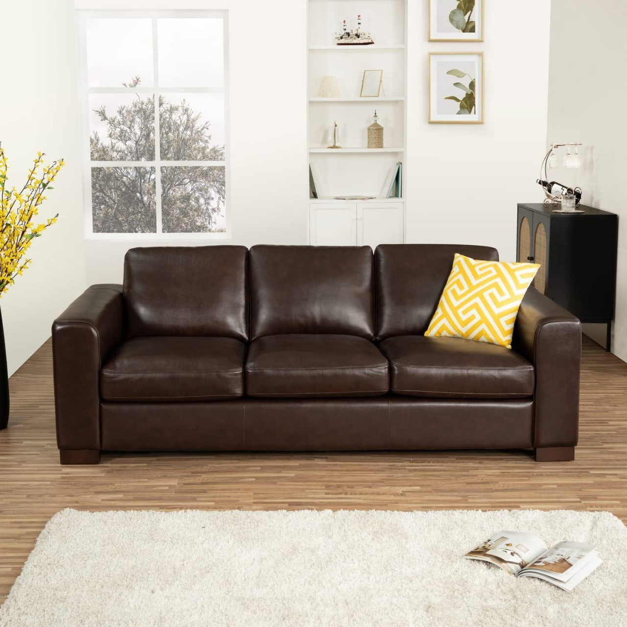 Naomi Home Freya Leather Sofa - Luxurious Comfort with Goose Feather Cushion Filling, Square Arm Design, Sturdy Block Legs, Elegant Espresso Finish - Perfect for the Living Room, Office, or Bedroom