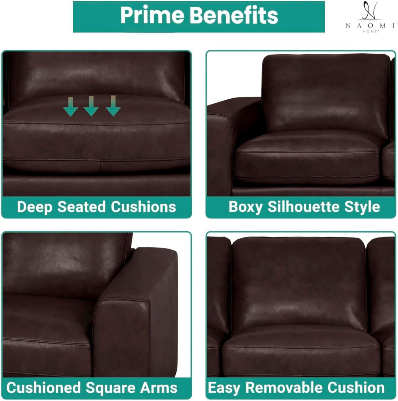 Naomi Home Freya Leather Sofa - Luxurious Comfort with Goose Feather Cushion Filling, Square Arm Design, Sturdy Block Legs, Elegant Espresso Finish - Perfect for the Living Room, Office, or Bedroom Image 3