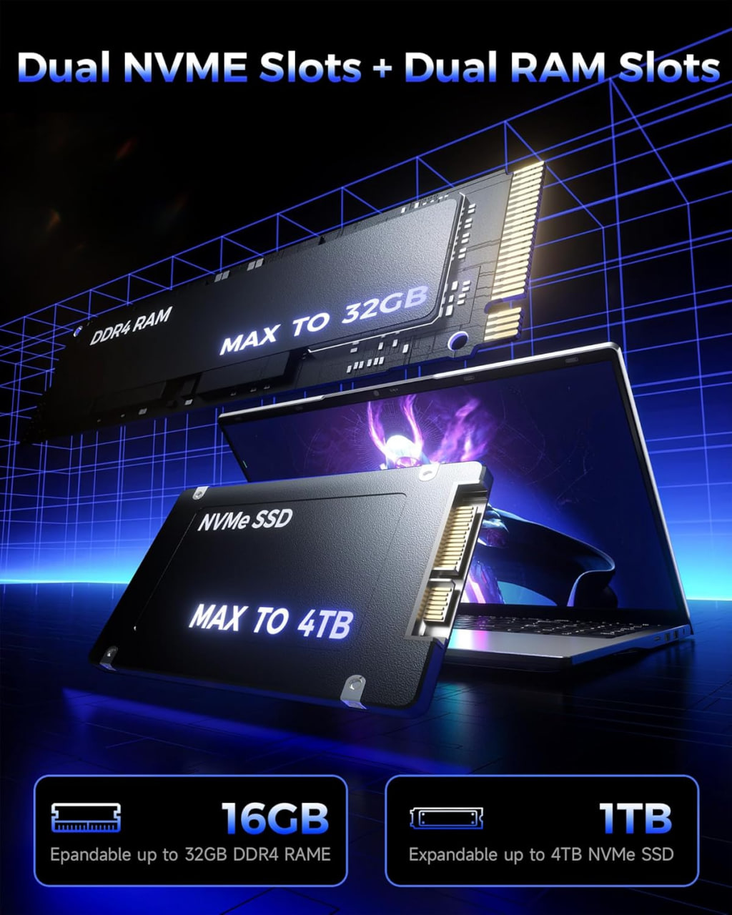 jumper 2025 gaming laptop, AMD Ryzen 5 7430U (up to 4.3GHz), 16GB DDR4 1TB NVME SSD, 15.6-inch FHD IPS screen, 62.7Wh battery, Windows 11, GPU, USB3.2, 4 stereo speakers, 2 memory slots. Image 3