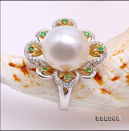 JYX Pearl Jewelry - 18K Gold Ring with 14.5mm South Sea Cultured Pearls and Diamonds for Women