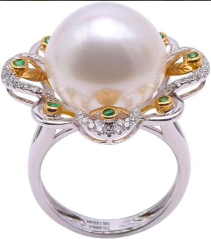 JYX Pearl Jewelry - 18K Gold Ring with 14.5mm South Sea Cultured Pearls and Diamonds for Women Image 2