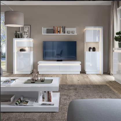 Furniture To Go| Lyon, White and High Gloss, Narrow Display Cabinet (RHD) 123.6cm Image 3