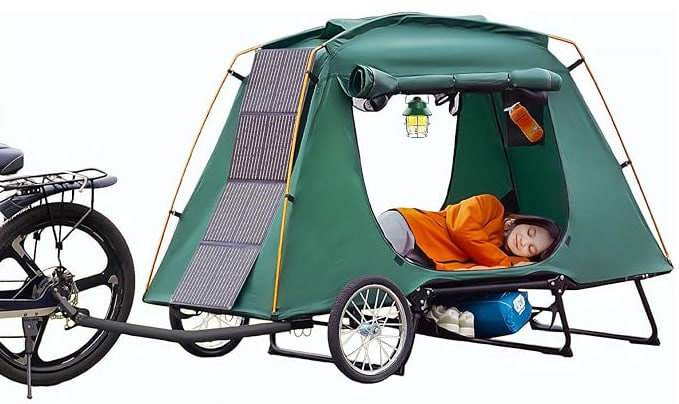 Jagahaha Electric Bike Camping Trailer Tent - Folding Waterproof Bike Camper with 16" Off-Road Wheels, PU2000mm, Quick 2-Minute Setup, Raised Sleeping with Mosquito Net - Ideal for E-Bike Camping