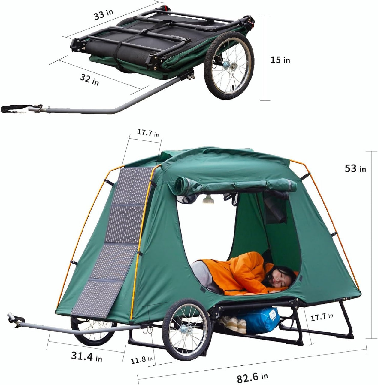 Jagahaha Electric Bike Camping Trailer Tent - Folding Waterproof Bike Camper with 16" Off-Road Wheels, PU2000mm, Quick 2-Minute Setup, Raised Sleeping with Mosquito Net - Ideal for E-Bike Camping Image 4