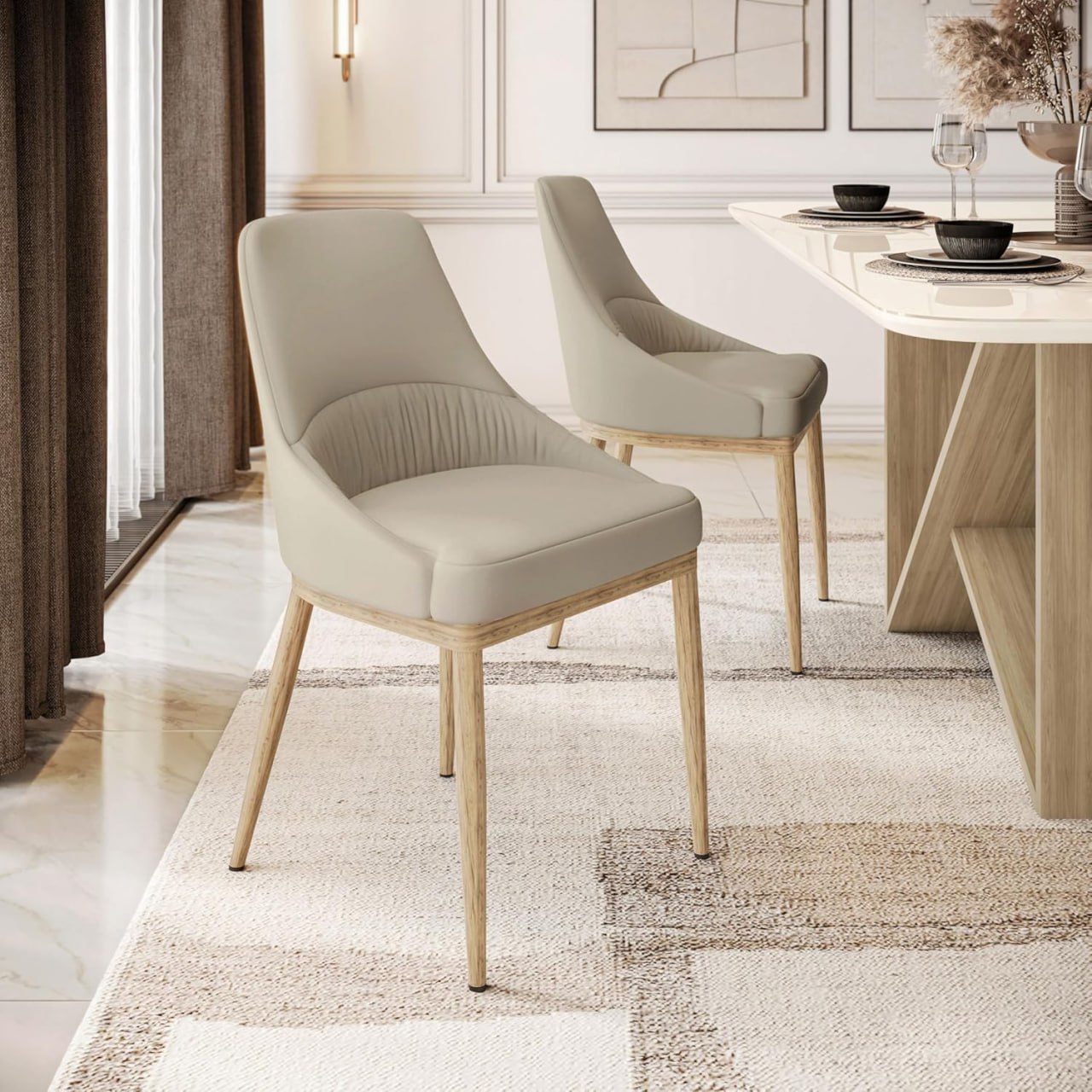 Set of 2 Armless Dining Chairs, Taupe Faux Leather Chairs with Metal Legs in Wood Grain Finish, Upholstered Seat & Back, Modern Stone-Color PU Leather Chair for Dining Room or Living Room Image 3