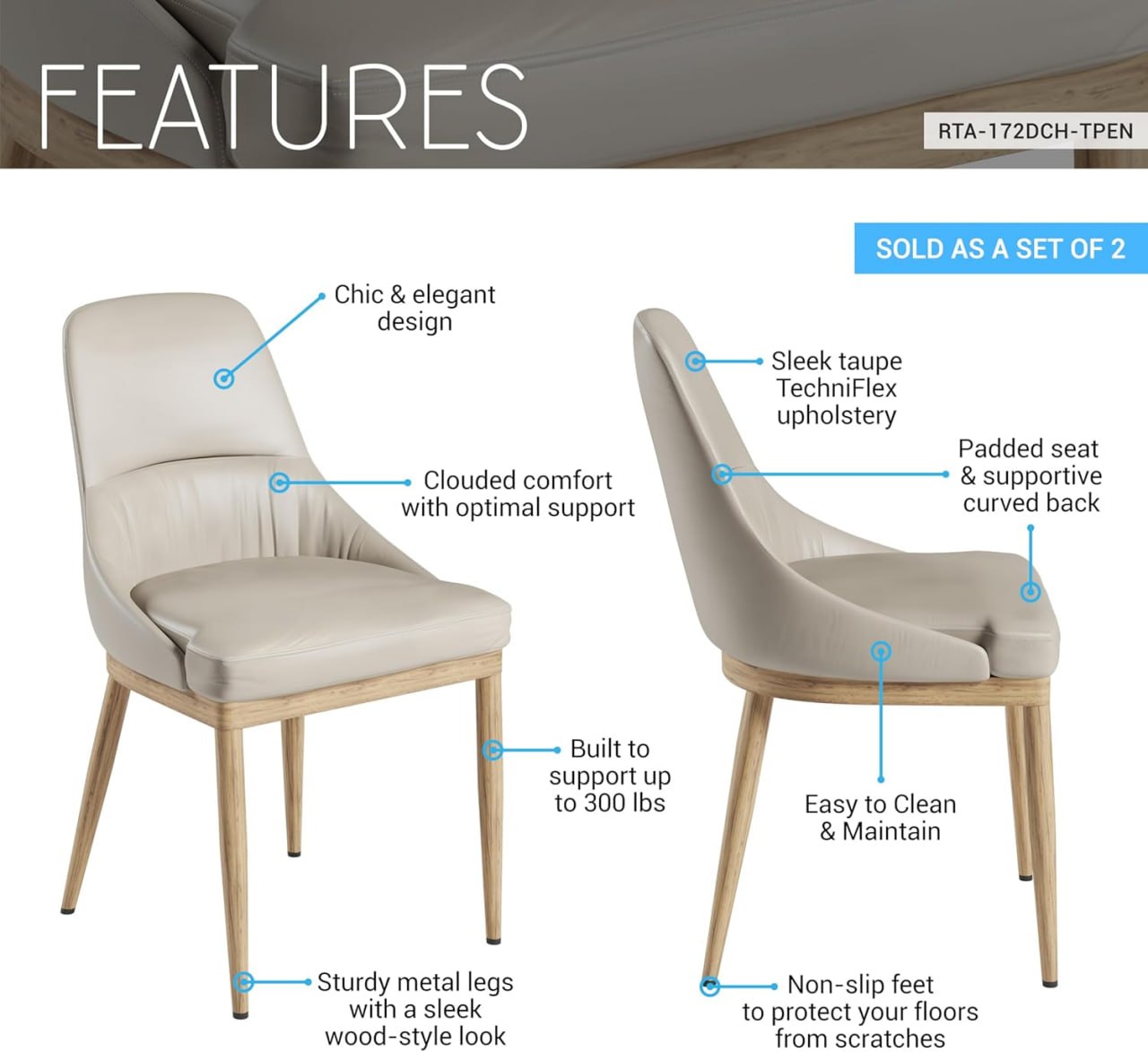 Set of 2 Armless Dining Chairs, Taupe Faux Leather Chairs with Metal Legs in Wood Grain Finish, Upholstered Seat & Back, Modern Stone-Color PU Leather Chair for Dining Room or Living Room Image 4