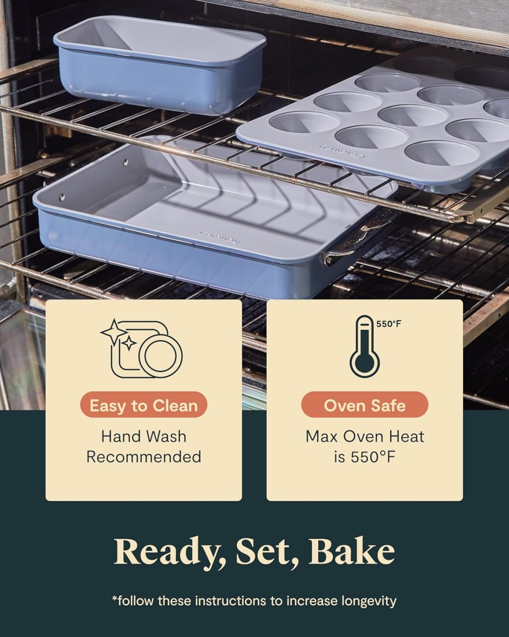 Caraway Nonstick Ceramic Bakeware Set (11 Pieces) - Bakeware, Assorted Baking Sheets, Cooling Rack, and Storage - Aluminized Steel Body - Non-Toxic, PTFE-Free, and PFOA-Free - Black Image 4