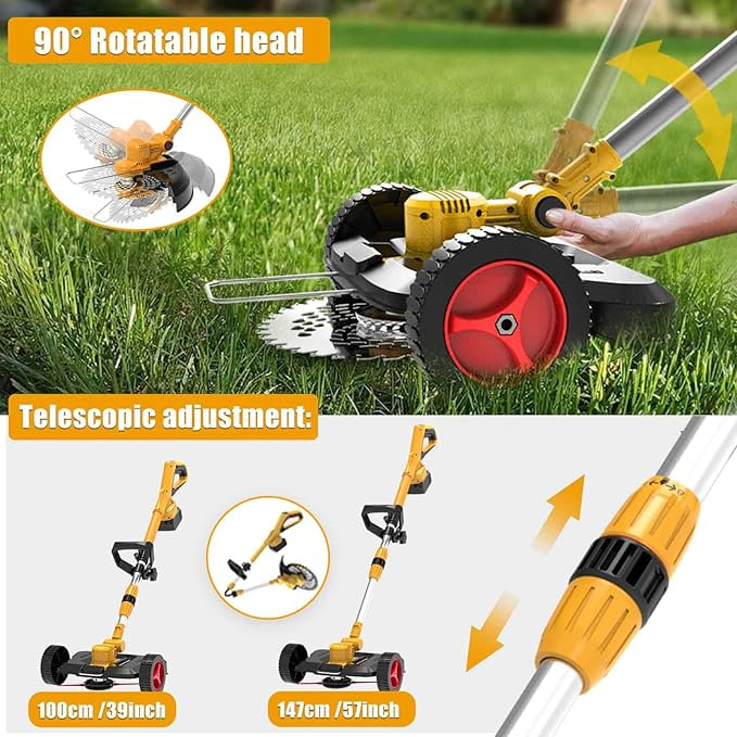 21V Cordless Trimmer with Weed Brush, Telescopic Lightweight Lawn Mower 2 x 4000mAh Batteries, Electric Garden Trimmer Mower for Lawn Edger Trimming Weeds