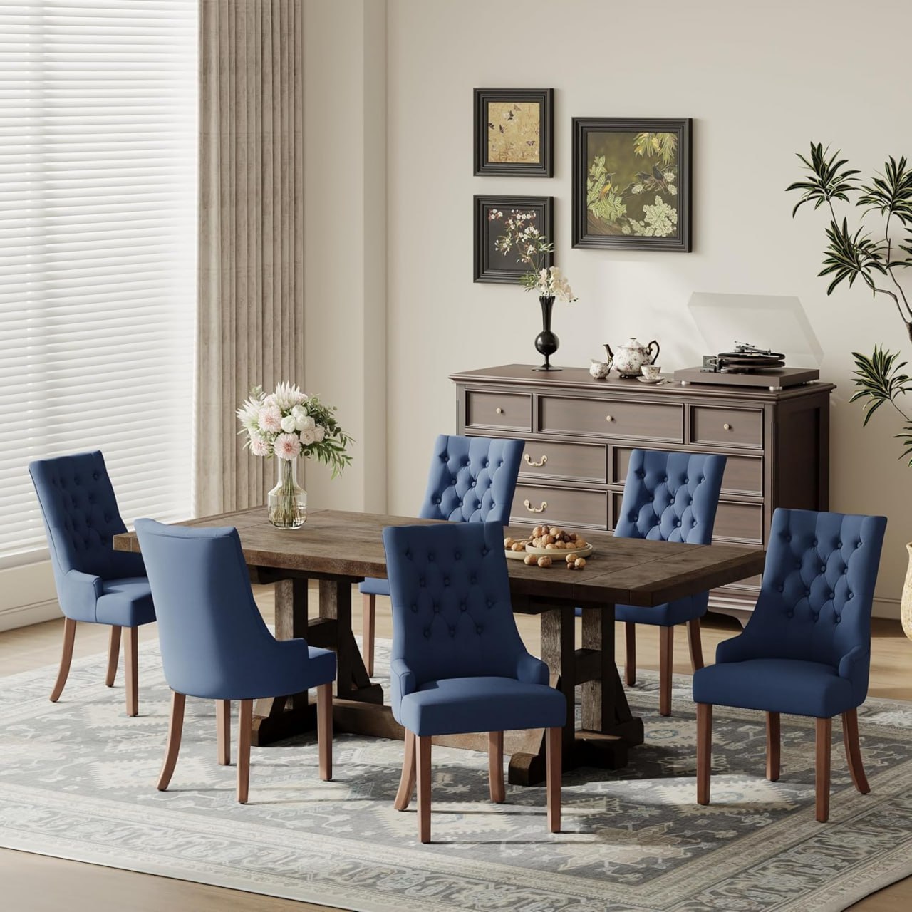 COLAMY Wingback Upholstered Dining Chair Set of 6, Fabric Dining Room Chairs with Tufted Buttons, Living Room Chairs for Home Kitchens, Blue