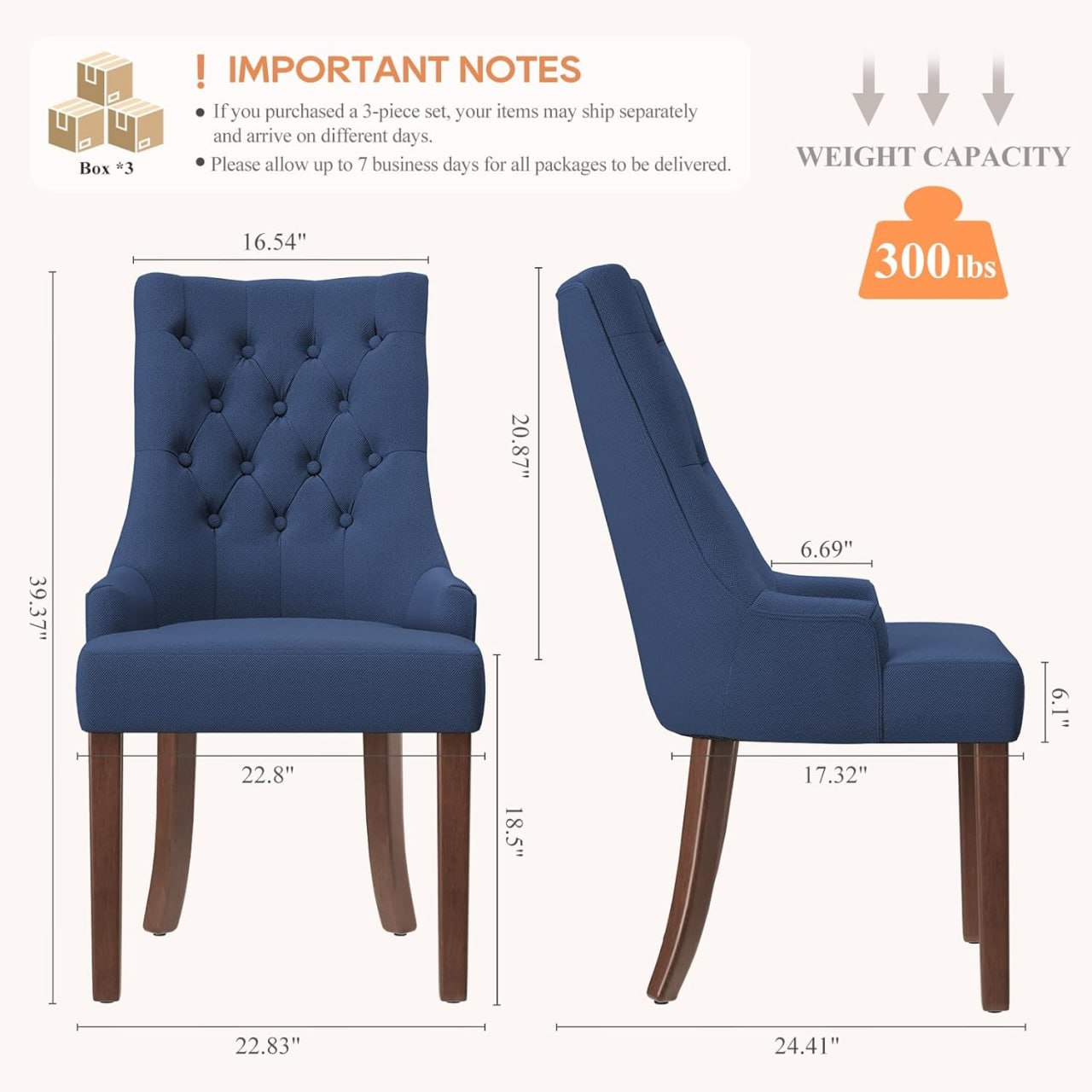 COLAMY Wingback Upholstered Dining Chair Set of 6, Fabric Dining Room Chairs with Tufted Buttons, Living Room Chairs for Home Kitchens, Blue Image 2