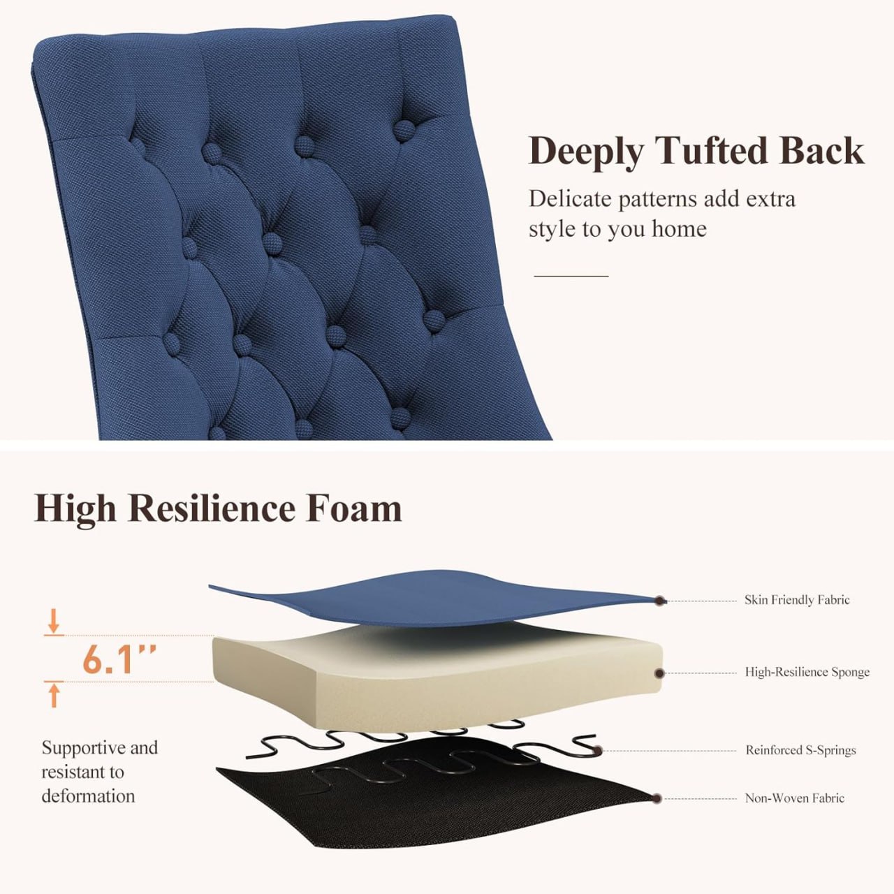 COLAMY Wingback Upholstered Dining Chair Set of 6, Fabric Dining Room Chairs with Tufted Buttons, Living Room Chairs for Home Kitchens, Blue Image 3