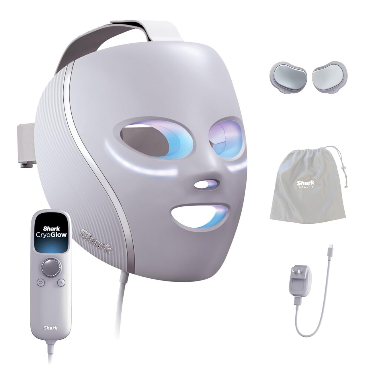 Shark CryoGlow LED Mask with Under-Eye Cooling, Anti-Aging and Blemish Correction, Red and Blue LEDs, Infrared Light Therapy, USB-C, Remote Control, Storage Pouch, Lilac Cooling, FW312PL