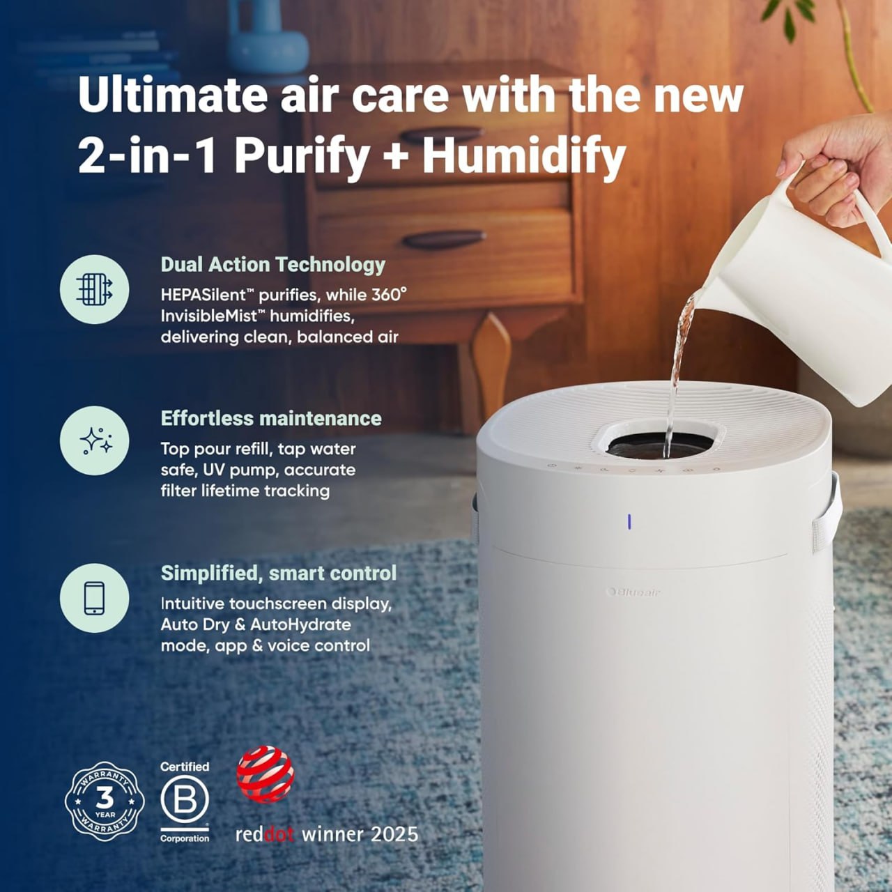 BLUEAIR 2-in-1 Purify + Humidify: Air Purifier and Humidifier with HEPASilent™ and 360° InvisibleMist™ Technology, Top Pour - Covers 1726 sq. ft. in 60 minutes - Perfectly balanced air, one product Image 2