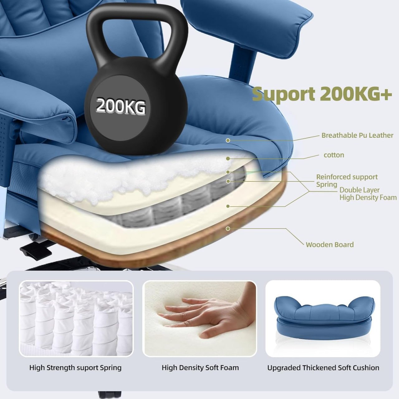 Efomao Extra Large and Long Office Chair with Footrest - High Back Computer Chair with Adjustable Armrests, Executive Office Chair with Wide Seat, Modern Desk Chair for Home Office, Gaming or Studying, Blue Image 2