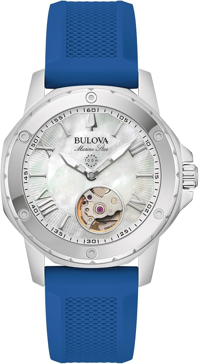 Bulova Women's Marine Star Automatic Stainless Steel Case and Blue Silicone Strap, Pear Dial Style: 96l324, Robin Blue, Marine Star Series Automatic Silver Stainless Steel Case and Silicone Strap