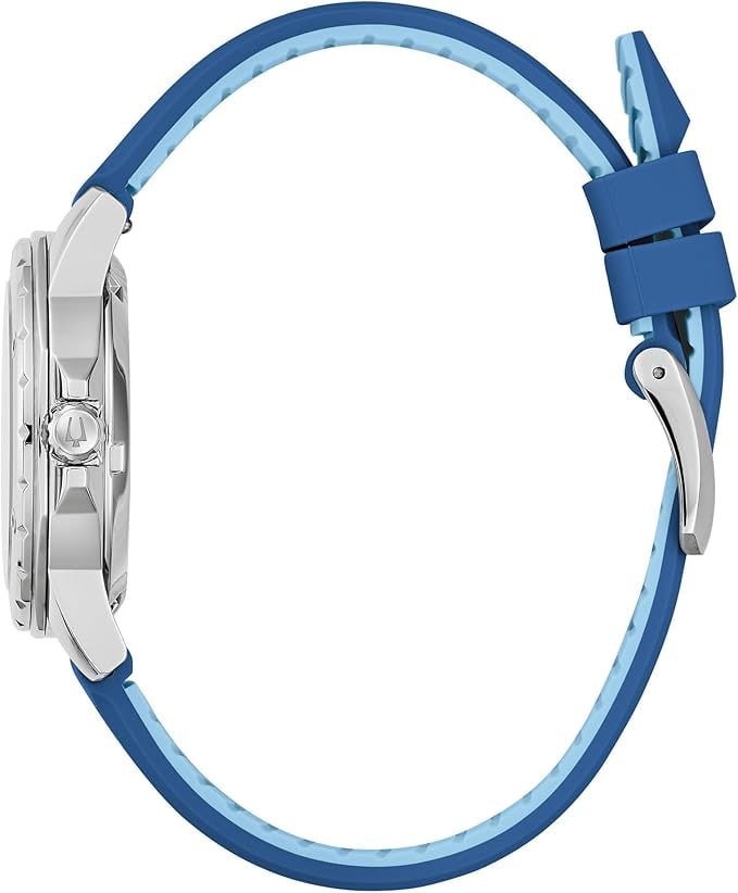 Bulova Women's Marine Star Automatic Stainless Steel Case and Blue Silicone Strap, Pear Dial Style: 96l324, Robin Blue, Marine Star Series Automatic Silver Stainless Steel Case and Silicone Strap Image 2