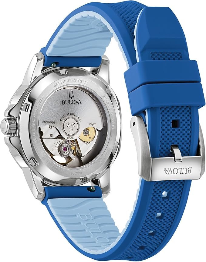 Bulova Women's Marine Star Automatic Stainless Steel Case and Blue Silicone Strap, Pear Dial Style: 96l324, Robin Blue, Marine Star Series Automatic Silver Stainless Steel Case and Silicone Strap Image 3
