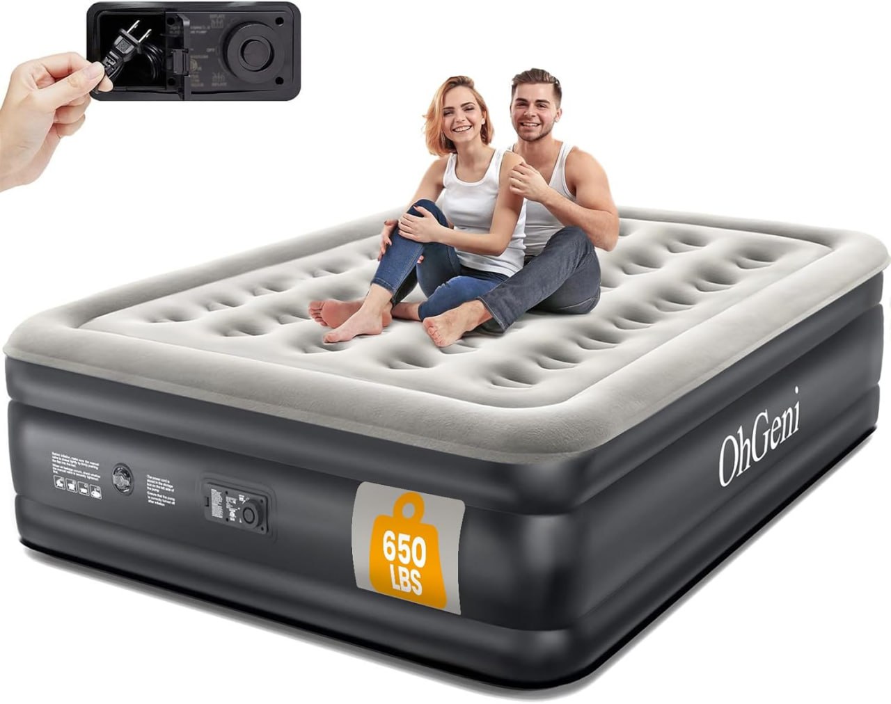 OhGeni Queen Air Mattress with Built-in Pump, Inflatable Air Mattress, 18 Litres of Higher Comfort, Upgraded Surface Portable Mattress, Airbed for Camping, Home and Guests, Inflatable, Up to 600 lbs