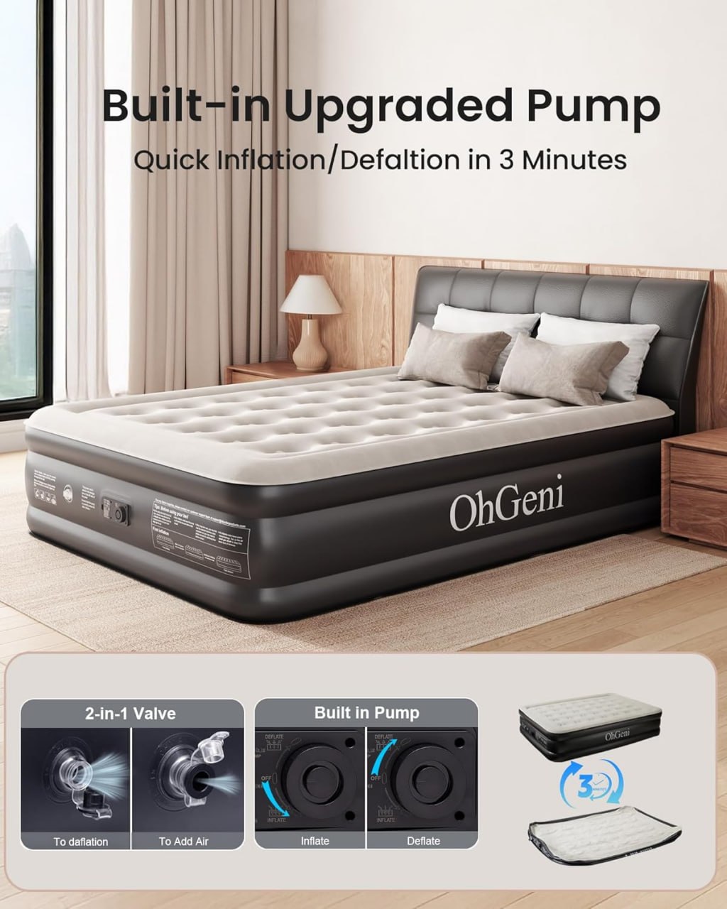 OhGeni Queen Air Mattress with Built-in Pump, Inflatable Air Mattress, 18 Litres of Higher Comfort, Upgraded Surface Portable Mattress, Airbed for Camping, Home and Guests, Inflatable, Up to 600 lbs Image 3