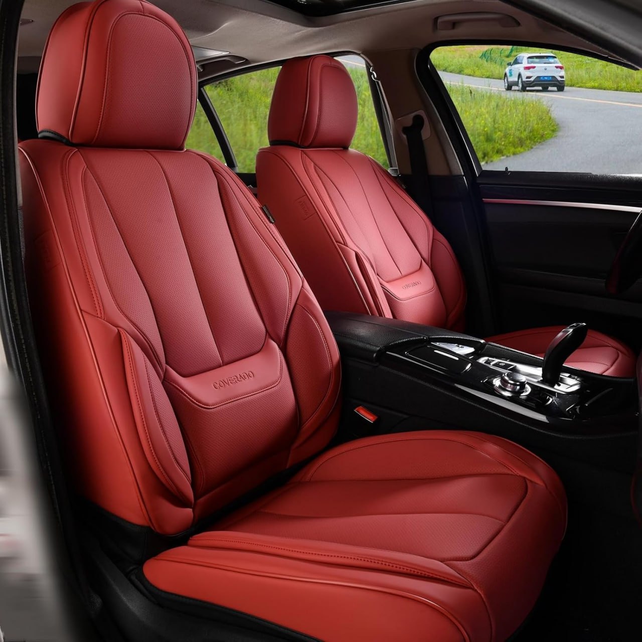 Coverado Car Seat Cover Full Set, Car Seat Cover, Red Car Seat Cover Front Seat and Rear Car Seat Protector Waterproof, Leather Car Seat Pads Universal Fit Most People Image 2