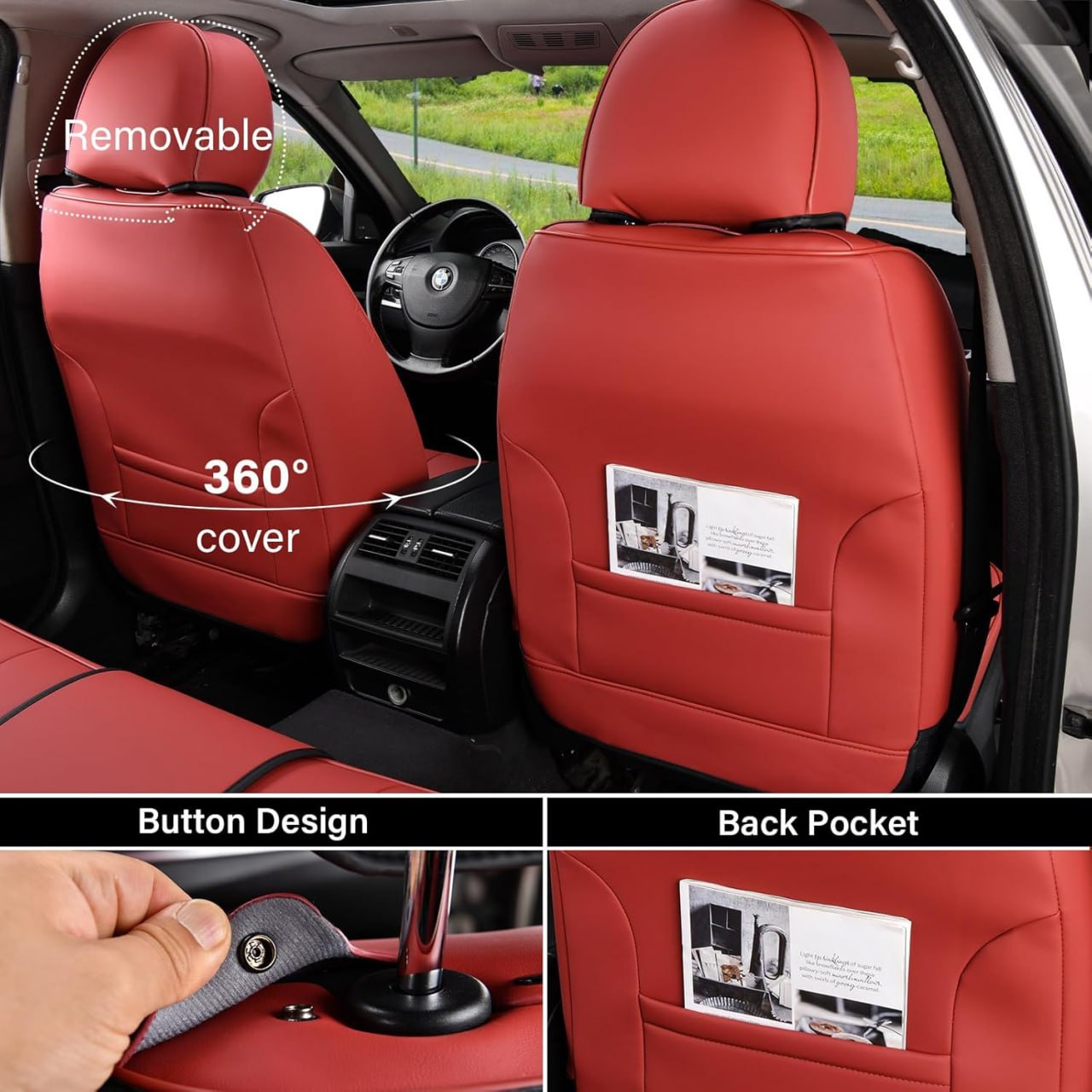 Coverado Car Seat Cover Full Set, Car Seat Cover, Red Car Seat Cover Front Seat and Rear Car Seat Protector Waterproof, Leather Car Seat Pads Universal Fit Most People Image 4