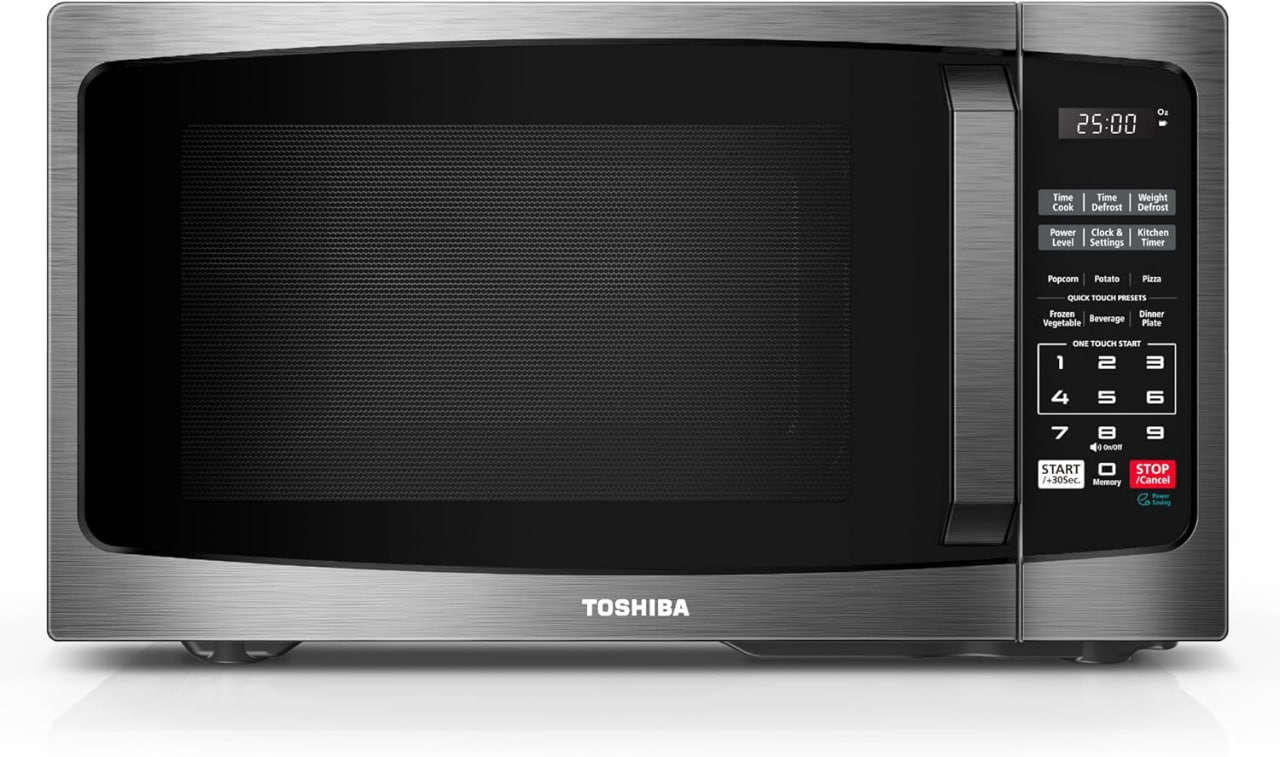 TOSHIBA ML-EM09PA(BS) Compact Microwave with 6 Auto Menus, Mute Function and Child Lock, LED Lighting, Great for Apartments, 0.9 Cubic Feet, 10.6-Inch Removable Turntable, 900 Watts, Black Stainless Steel