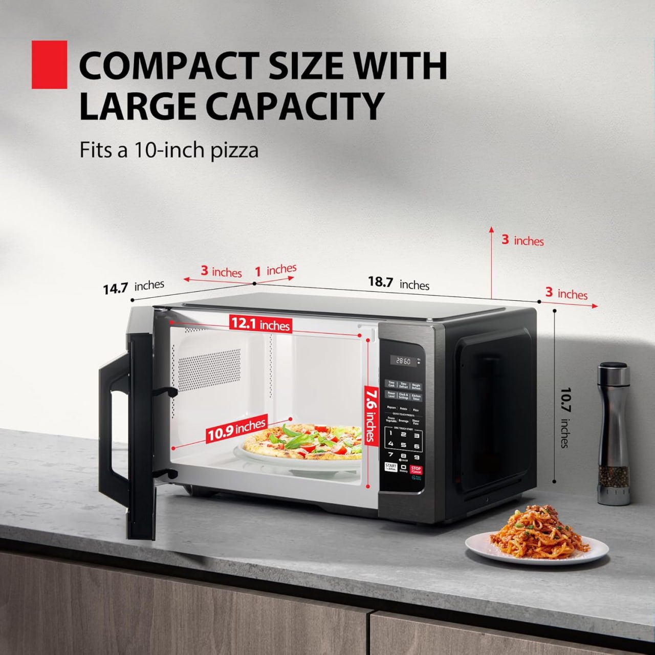 TOSHIBA ML-EM09PA(BS) Compact Microwave with 6 Auto Menus, Mute Function and Child Lock, LED Lighting, Great for Apartments, 0.9 Cubic Feet, 10.6-Inch Removable Turntable, 900 Watts, Black Stainless Steel Image 2