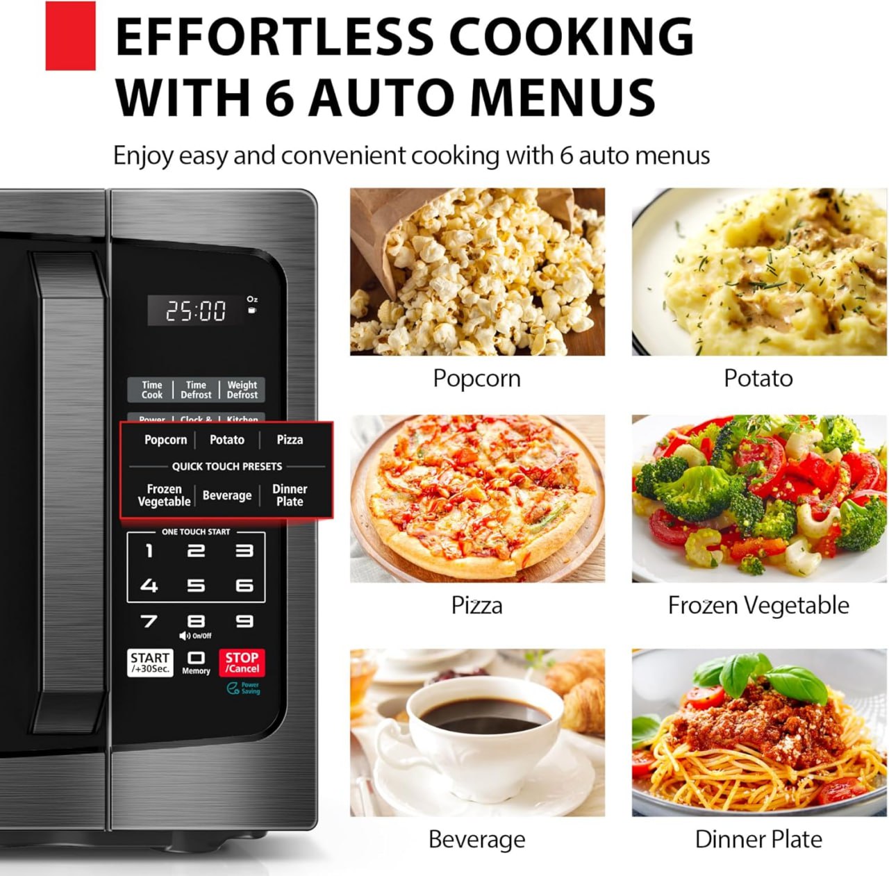 TOSHIBA ML-EM09PA(BS) Compact Microwave with 6 Auto Menus, Mute Function and Child Lock, LED Lighting, Great for Apartments, 0.9 Cubic Feet, 10.6-Inch Removable Turntable, 900 Watts, Black Stainless Steel Image 3