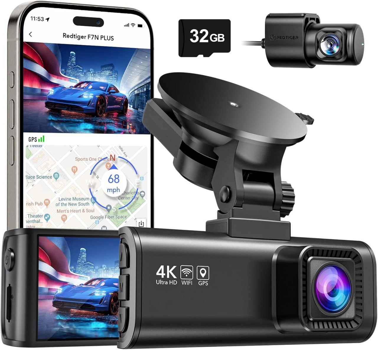 REDTIGER 4K/2.5K Full HD Dash Cam with Front and Rear Cameras, Includes 32GB SIM Card, Built-in Wi-Fi, GPS, 3.1-inch IPS Screen, Night Vision, 170° Wide Angle, WDR, 24-Hour Parking Mode (F7NP)