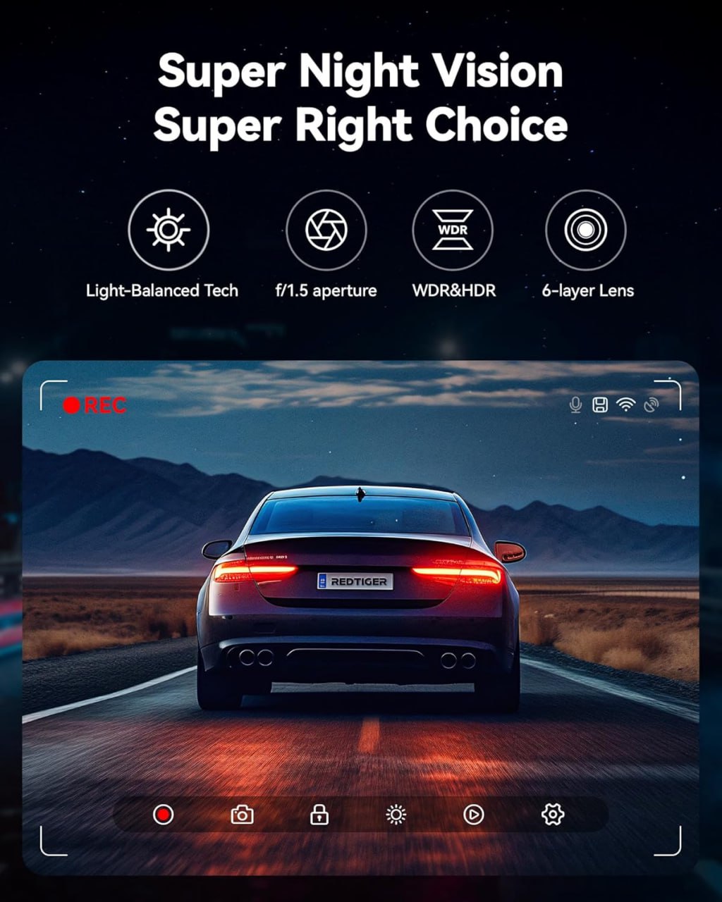 REDTIGER 4K/2.5K Full HD Dash Cam with Front and Rear Cameras, Includes 32GB SIM Card, Built-in Wi-Fi, GPS, 3.1-inch IPS Screen, Night Vision, 170° Wide Angle, WDR, 24-Hour Parking Mode (F7NP) Image 3