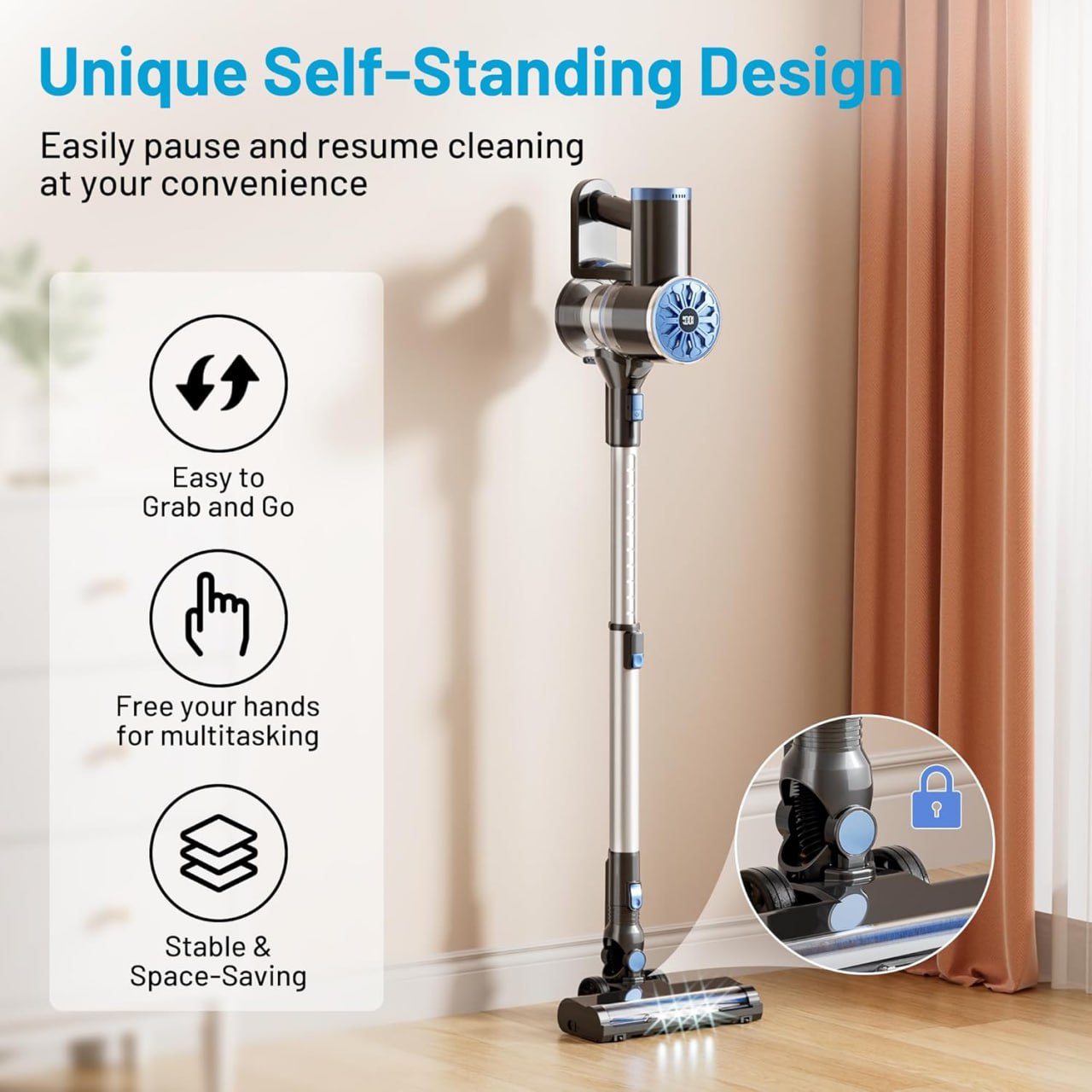 Free-standing cordless vacuum cleaner, household LED screen stick vacuum cleaner, lightweight and powerful suction, 6-in-1 rechargeable vacuum cleaner, suitable for carpets, pet hair, and hardwood floors Image 2