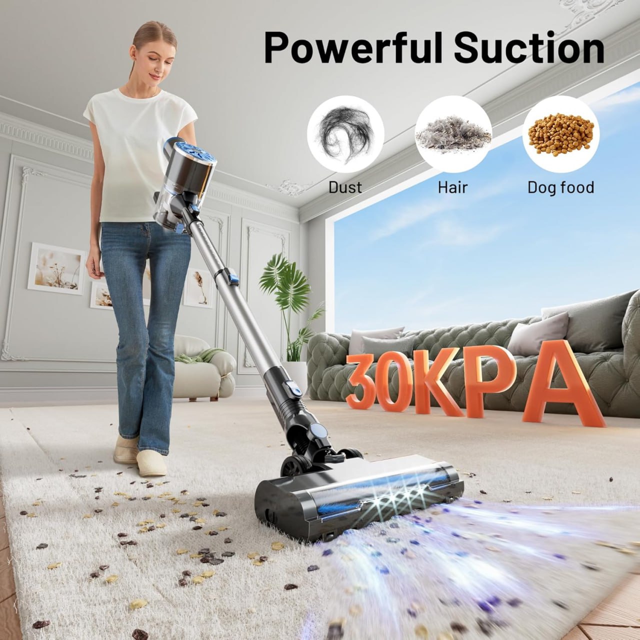 Free-standing cordless vacuum cleaner, household LED screen stick vacuum cleaner, lightweight and powerful suction, 6-in-1 rechargeable vacuum cleaner, suitable for carpets, pet hair, and hardwood floors Image 3