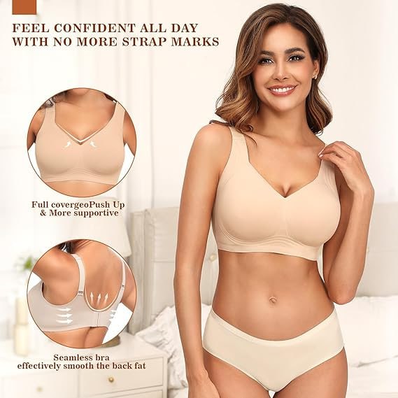 PoseFree Women's Seamless Wire-Free Support Bra Push-Up Comfort Soft Wire-Free Full Coverage T-Shirt Bra Image 2