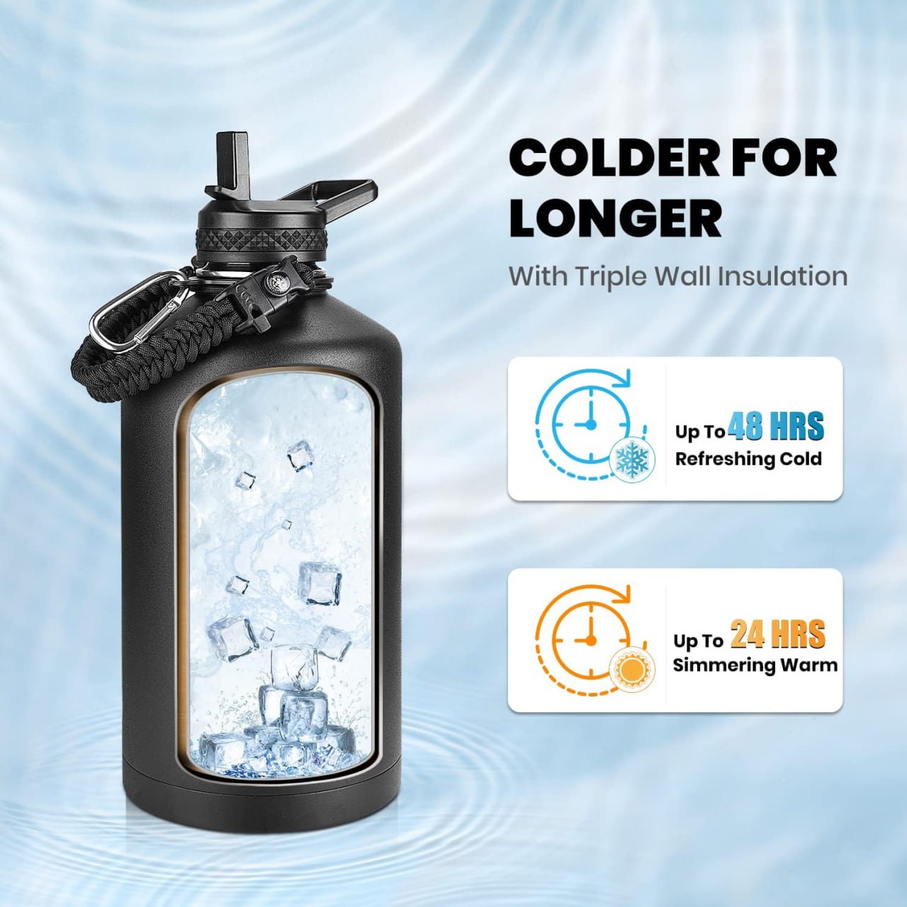 1 Gallon Insulated Water Bottle, Triple-Wall Vacuum Stainless Steel (Keeps Cold for 48 Hours), Leak-Proof, BPA-Free, Large Bottle with Paracord Handle and Straw Spout Cover Image 2
