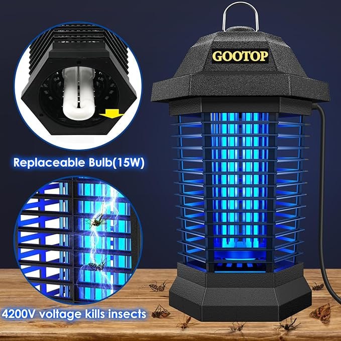 GOOTOP Outdoor Insect Killer, Mosquito Killer, 3-Prong Electric Fly Trap, Mosquito Killer, Fly Trap, Insect Killer, Indoor and Outdoor, 90-130V, 4200V, ABS Plastic Cover (Black)