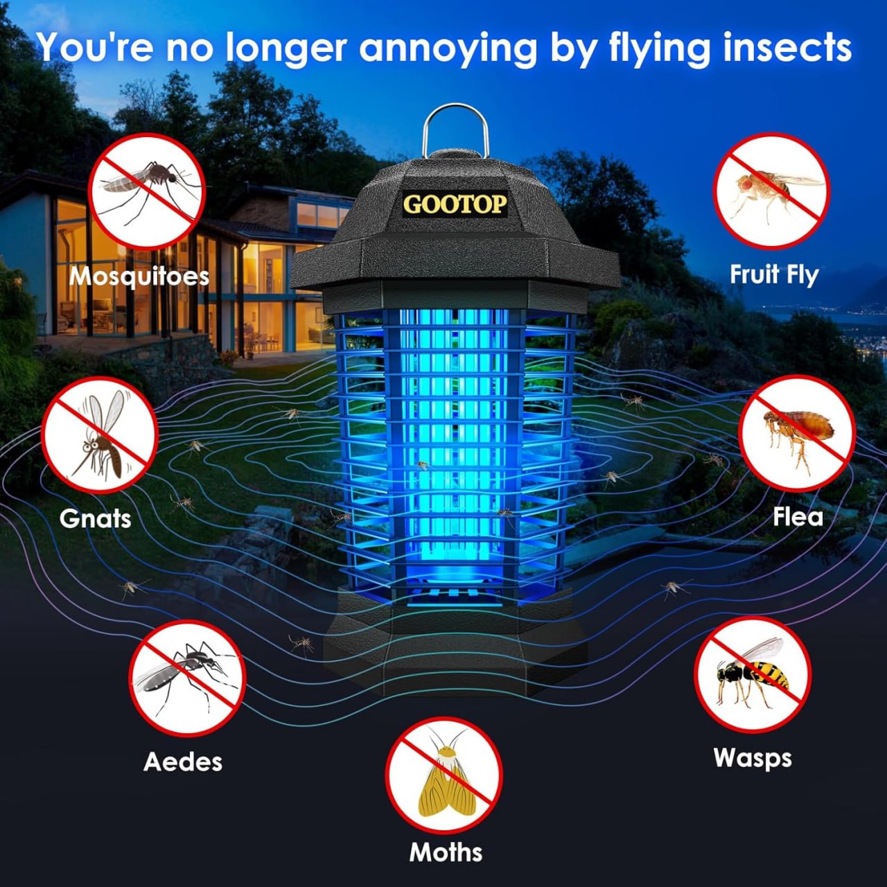 GOOTOP Outdoor Insect Killer, Mosquito Killer, 3-Prong Electric Fly Trap, Mosquito Killer, Fly Trap, Insect Killer, Indoor and Outdoor, 90-130V, 4200V, ABS Plastic Cover (Black) Image 2