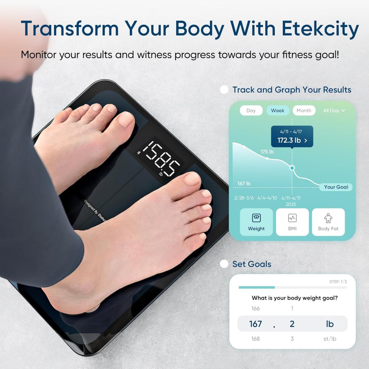 Etekcity Smart Scale, Digital Bathroom Weighing Scale with BMI, Body Fat, Muscle Mass, Accurate Bluetooth Home Health Device Sync App Image 4