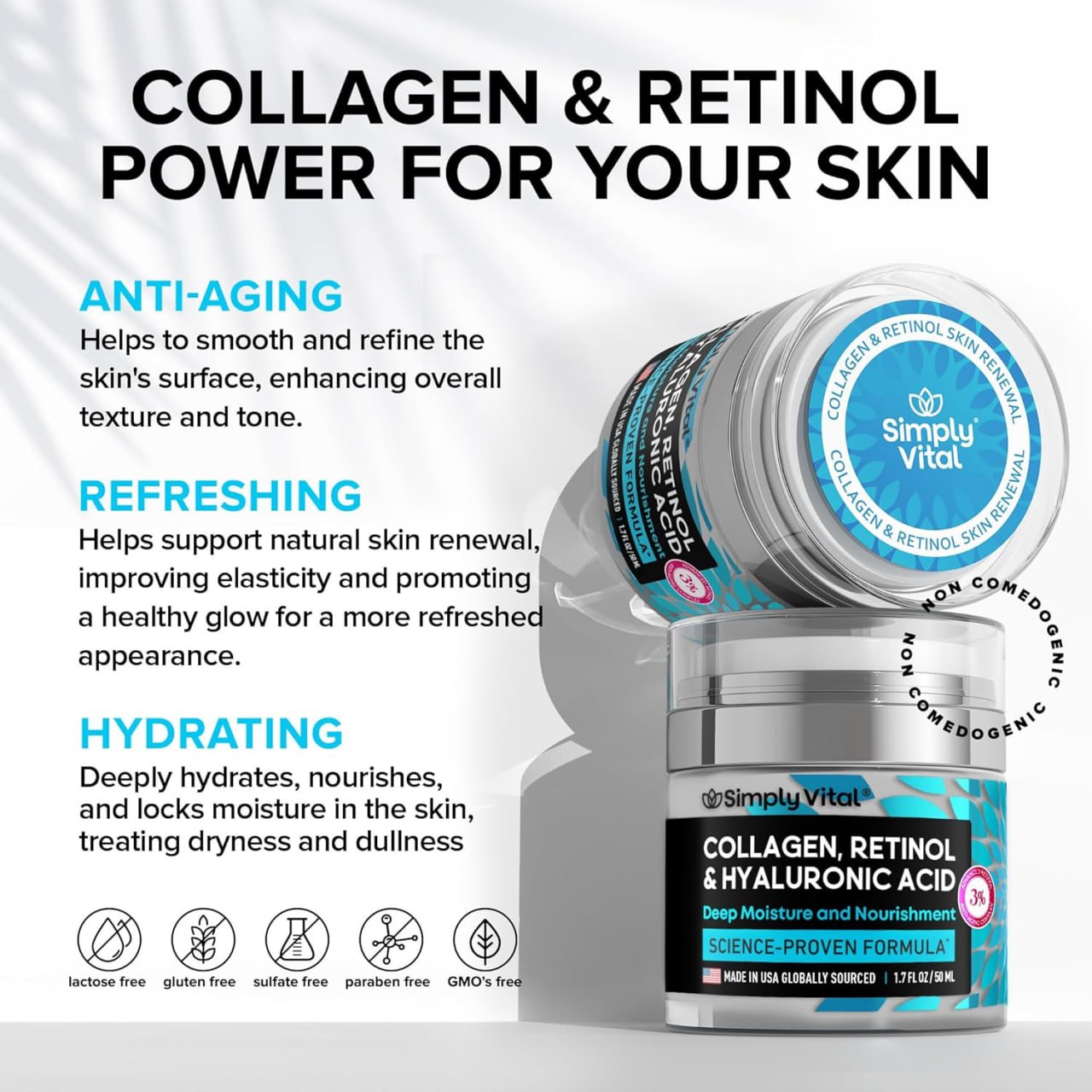 SimplyVital Collagen, Retinol & Hyaluronic Acid Cream - Anti-Aging Facial Moisturizer for Face, Firming Skin, Neck & Décolleté - Made in the USA, Daily Moisturizer Day & Night - 1.7 fl oz Image 3